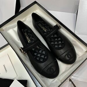CHANEL Black Leather Mary Jane Flats